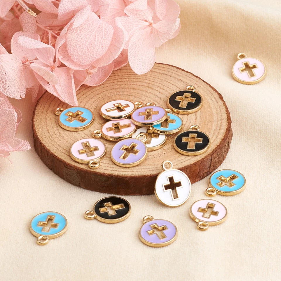 100 peças pingentes redondos planos com liga cruzada de esmalte berloques de metal artesanato 15x12mm - Imagem 3 de 4