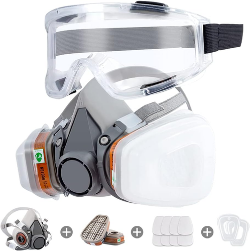 Respirator Mask Reusable Half Face Cover Gas Mask with Safety Glasses, Paint Fa