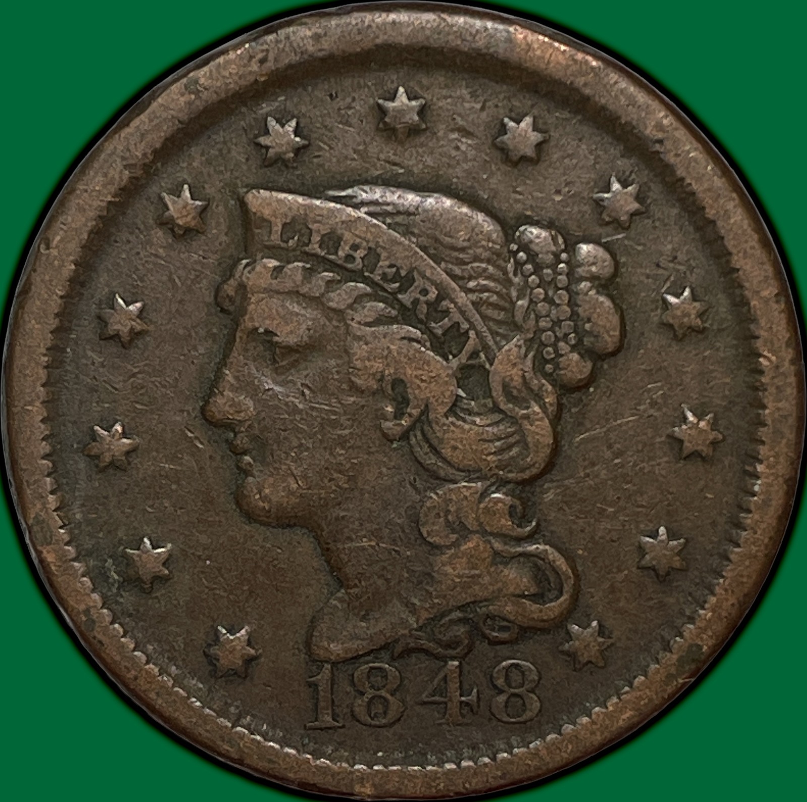 1848 Braided Hair Large Cent Very Fine VF Coin #29532