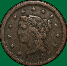 1848 Braided Hair Large Cent Very Fine VF Coin #29532