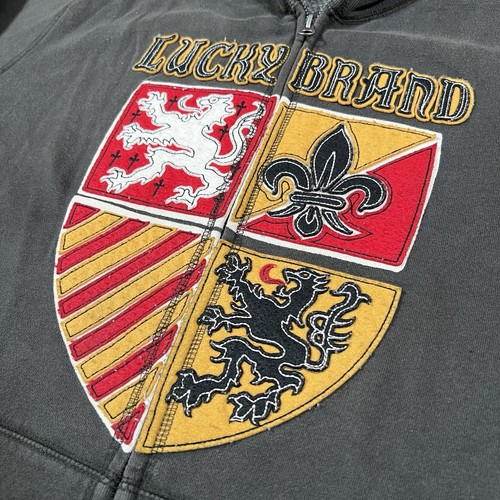 Lucky Brand Full Zip Sweater Men L Green Fleur De Lis Dragons Crest Irish Shield - Bild 3 von 9