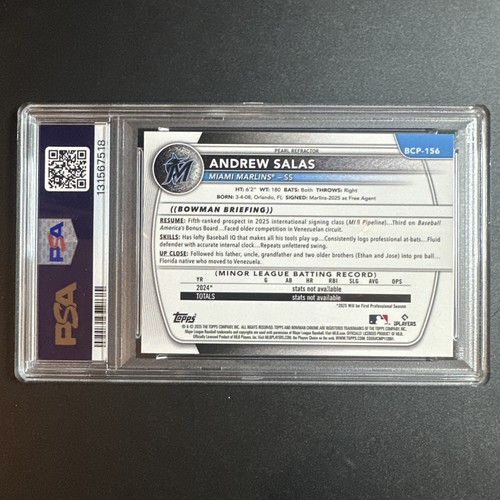 Bowman 2025 cromo béisbol Andrew Salas Pearl Refractor #BCP-156 PSA 10 Marlins - Imagen 2 de 3