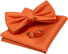 Mens Solid Color Double Fold Pre-tied Bow Tie and Pocket Square Cufflink Set wit