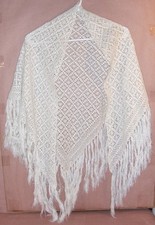 Vintage Handmade White  Silver Crochet Shawl/ Wrap with Fringe /Size Fits Most