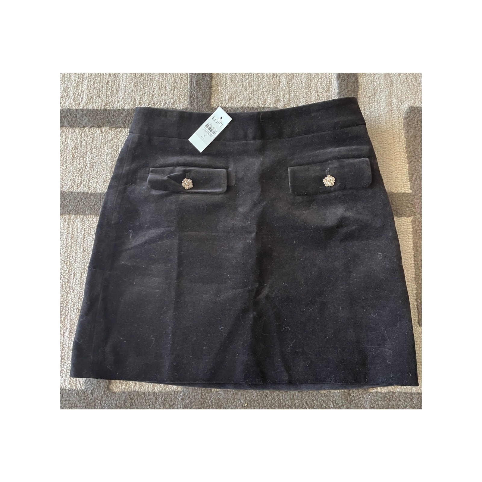 Black Velvet Skirt Size 6P Office Siren Pencil Loft Jewel Buttons Goth Casual