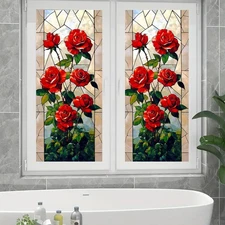 Red Rose Window Film 17.7x39.3 inch Stained Glass Decorative Window Privacy F...