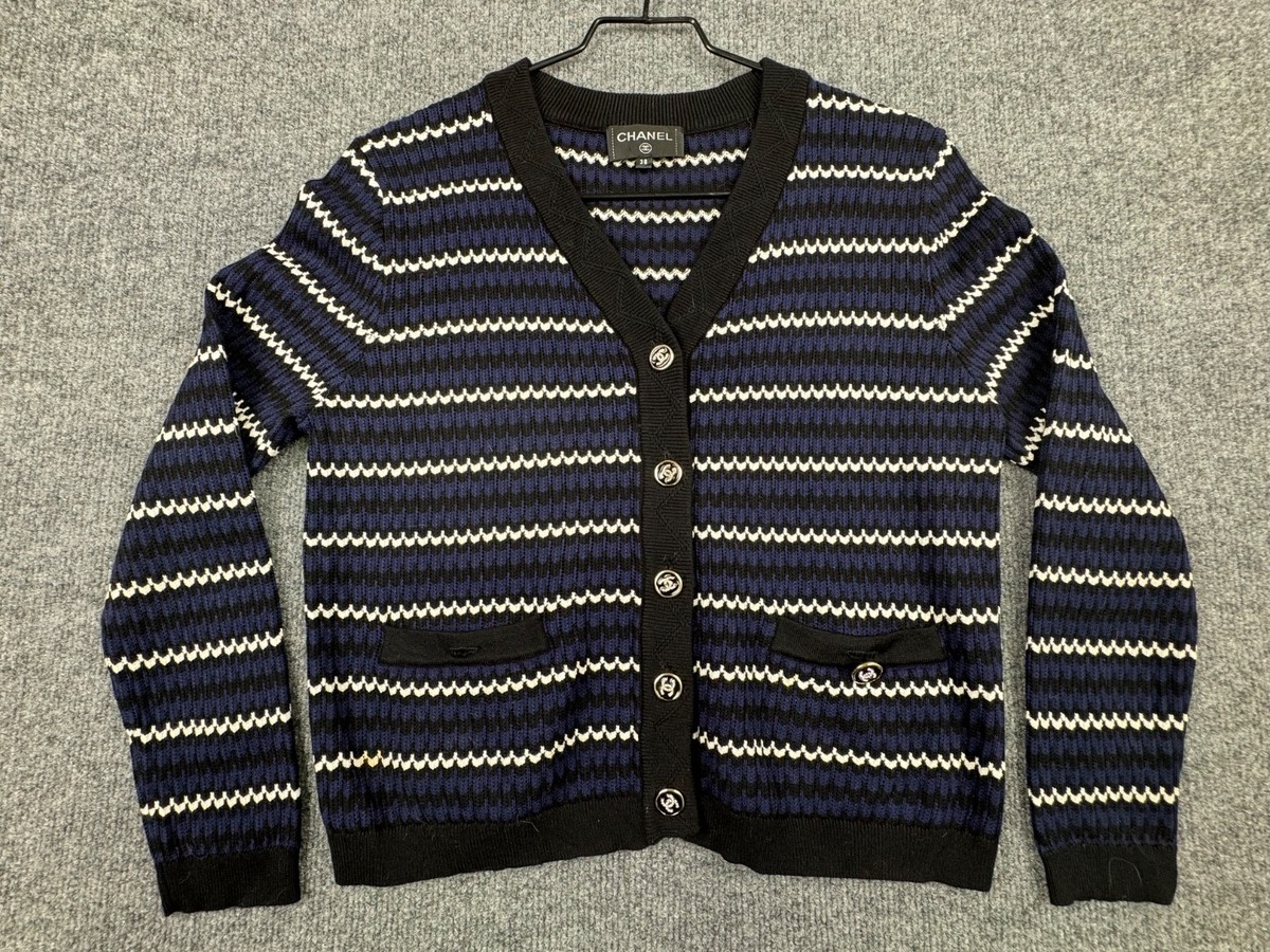 Chanel P70827K10079 Cardigan Sweater 38 Navy Black Striped CC