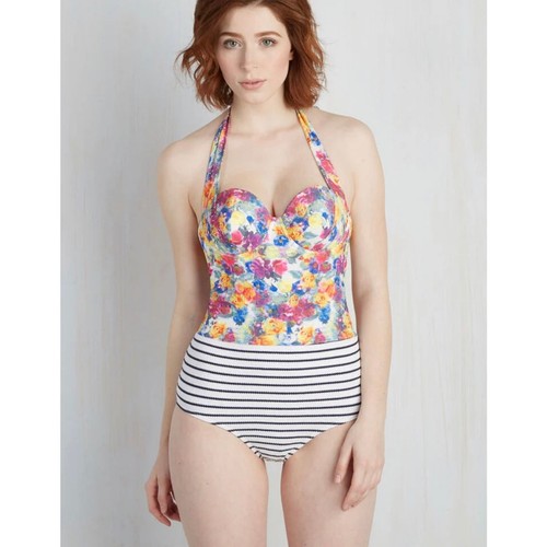 NWT ModCloth Grotto Glam One-Piece Mixed Print Floral Striped Swimsuit Medium - Picture 2 of 8
