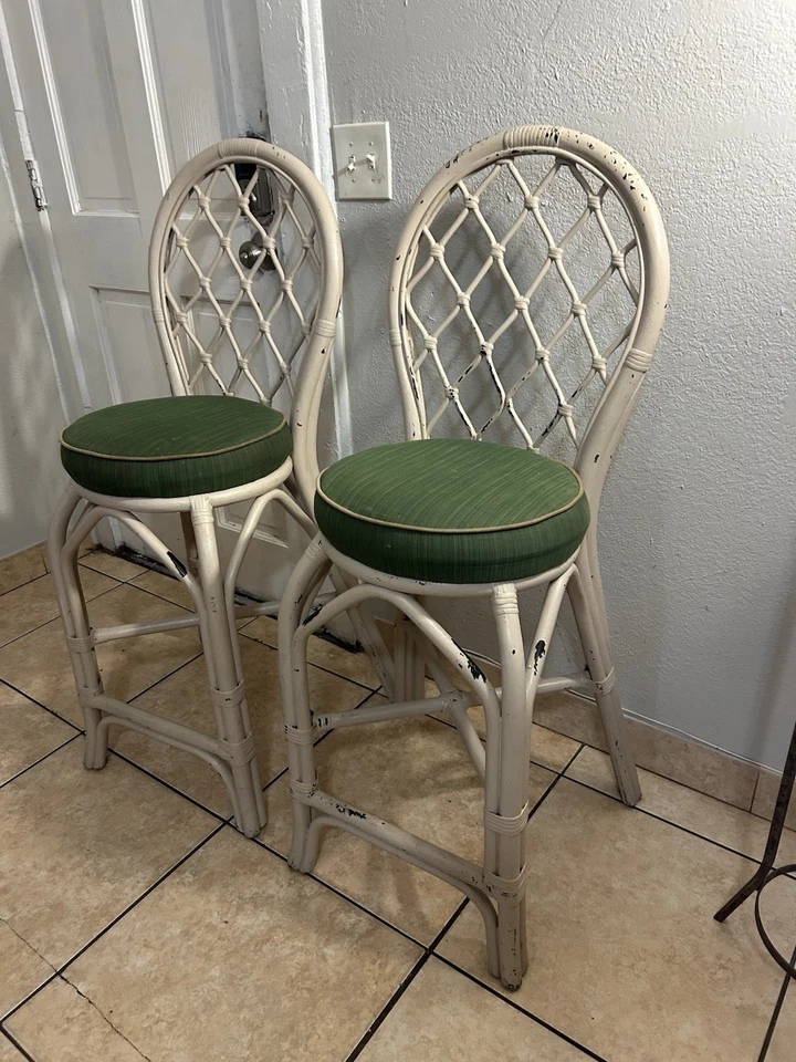 Vintage Set Of 2 Rattan Bamboo Bar Stools - Image 2 of 4