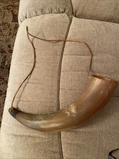 VINTAGE Antique Early 1900s BROWN POWDER  HORN - W/ WOOD END & LEATHER STRAP