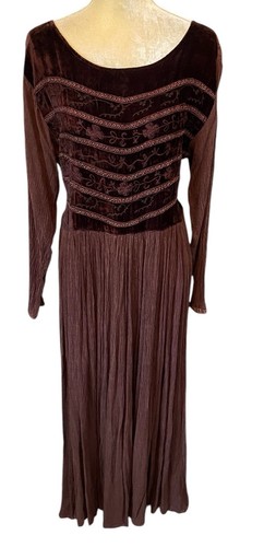 Vintage Kaktus Brown Velvet Crinkle Long Sleeve Maxi Dress Size Large Peasant