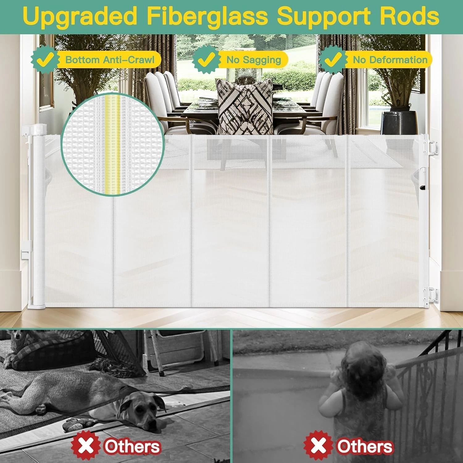Reinforced 60" Wide Retractable Baby Gate with Reinforced Rods, 5 ft Retractable