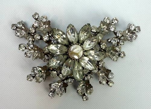 Vintage Judy Lee Strass Blume Brosche silberfarben signiert ~ 4" breit - Bild 2 von 5