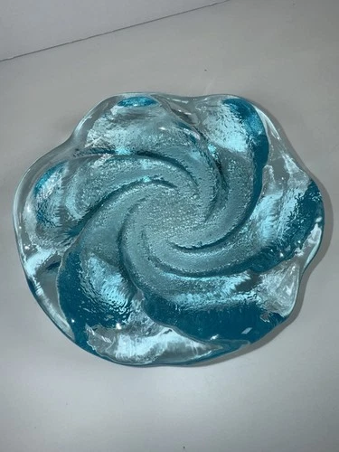 Vintage Fenton MCM Aqua Blue Swirl Ashtray Candy Trinket Dish Heavy Art Glass