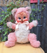 Vtg Rushton Pink Bear Happy Rubber Face Large 16" FLAWS