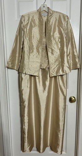 Mother Of Bride Evening Gown 2pc Gown And Jacket- Champagne Gold W/Beads -Size16 - Picture 1 of 24