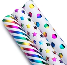 Rainbow Wrapping Paper Roll - Colorful Foil Wrapping Paper with Cut Lines for