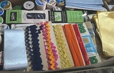 Large Vintage Sewing Box Lot Buttons Threat Zippers Needles Ricrac Scissors Etc