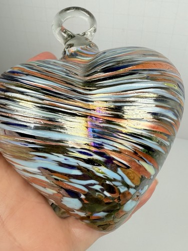 Lot Of 2 Hand Blown Art Glass Heart Ornaments, Heavy, Iridescent - Bild 7 von 7