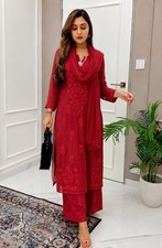 Indian Lucknowi Chikankari Kurti Pant Dupatta 3pc Set Ethnic Wear Size 42 M New