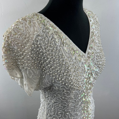 Vintage CAROLYNE BARTON White Silk Sequin Beads V-Neck Drop Waist Dress Size S - Picture 4 of 8