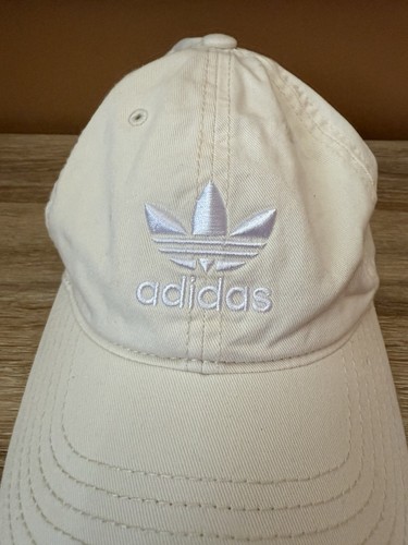 Adidas Hat Cap Strap Back White Beige Adjustable Trefoil Logo Cotton OSFM - Picture 2 of 7