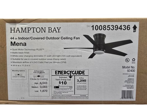 Hampton Bay 92400 Mena 44" LED Matte Black Hugger Fan+Light Kit+Remote NEW - Picture 2 of 10
