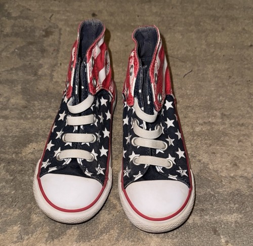 Converse All Stars Youth Girl Boy High Top Sneakers Size 10 Blue Red White Flag