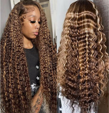 Long Brown Blonde Wavy Lace Front Human Hair Wig Pre-Plucked Women 26 inch