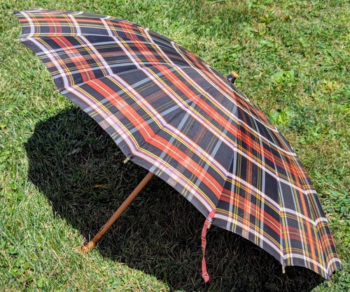 Ombrellone vintage plaid manico bachelite albero legno metallo runner baldacchino 2 fori - Foto 3 di 24