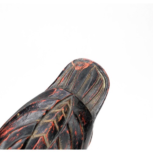 Asian Black Lacquer Bird Wood Carved 2 pc Box Red Wood repaired defect tail - Picture 7 of 8