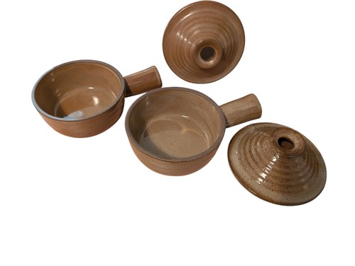 Set Of 2 Vintage MCM Pottery Crocks with Handles & Lids-Onion Soup Bowls Brown - Picture 7 of 16