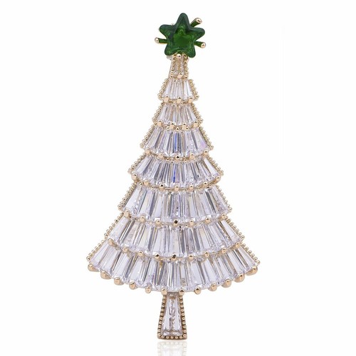 Christmas Tree White CZ Stone Crystal Brooch Pin Gold Plated Brass Holiday X336 - Picture 1 of 4