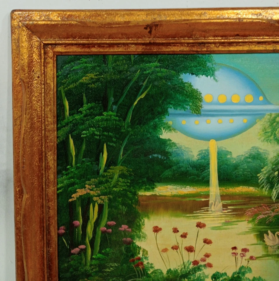 PINTURA BANKSY ABDUCCIÓN OVNI ÓLEO SOBRE LIENZO CON MARCO EN HOJA DE ORO BONITO BUENO Foto 2 de 4