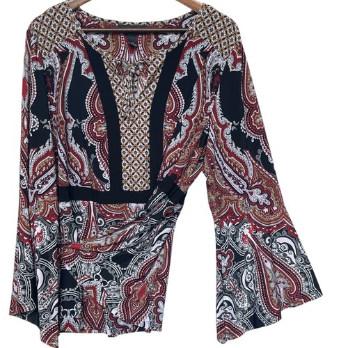 INC Blouse Top Women Plus Size 2X Red Black Paisley Bell Sleeve Lace Up Tunic - Picture 4 of 11