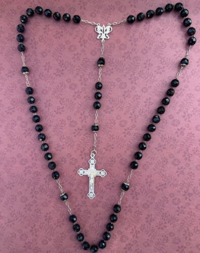 Rare Antique French Black Beads Sterling Silver Rosary, Religious Jewelry - Picture 5 of 8