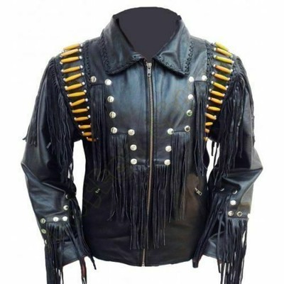 Mens Cowboy Jacket Suede Leather Western Fringes Beads American Indian 80/'s Coat