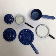 Vintage Doll House Miniatures 6pc Blue Enamelware Cookware with Lid 1in to 3in 