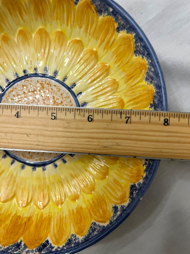 Ciotola girasole francese 1995 Seymour Mann dipinta a mano Faience giallo blu 8 pollici - Foto 7 di 7