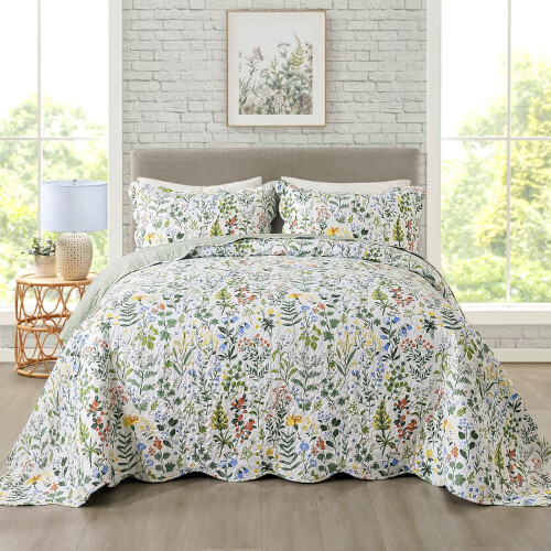 3pcs Quilt Set Quilted Bedspread Lightweight Coverlet Set Garden Floral Printed