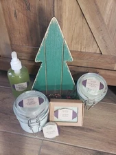handmade bar soap, hand soap, body lotion, body scrub, and lip balm.