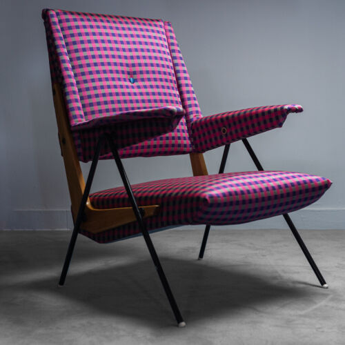 POLTRONA IN COTONE SPALMATO A SCACCHI DESIGN ANNI '70 VINTAGE MODERNARIATO