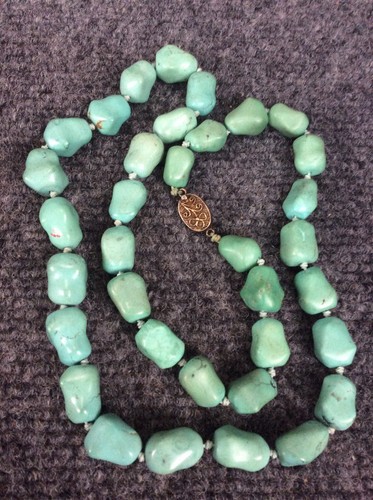 Schöne Vintage chinesische geschnitzte Türkis Perlen Silber Verschluss Halskette 104 g  - Bild 3 von 4