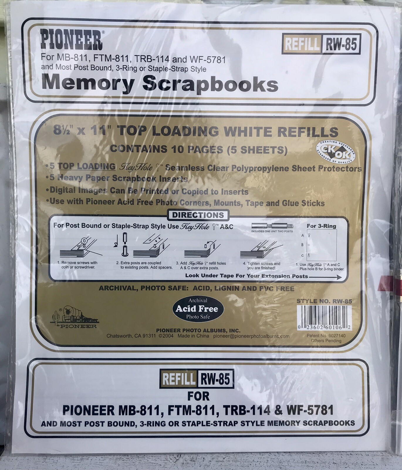 2 Pk Pioneer Memory Scrapbook Refills 8.5 X 11 RW85 10 pages 5 Sheets