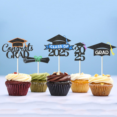 24 Pack 2025 Congrats Grad Cupcake Toppers Set, Glitter Graduation Cupcake Decor - Picture 4 of 12
