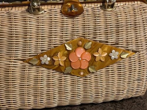 Tropical Miami Florida Vintage Woven Wicker Lucite Purse Handbag 50s 60s Flowers - Picture 3 of 8