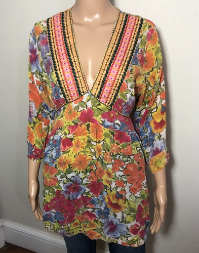 JOHNNY WAS Boho Embroidered Rayon Tunic Top Sz Large Hippie Floral Festival - Picture 6 of 20