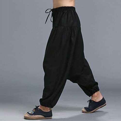 Men Linen Harem Trousers Baggy Chinese Drop Crotch Pants Loose Casual Black New - Picture 3 of 15