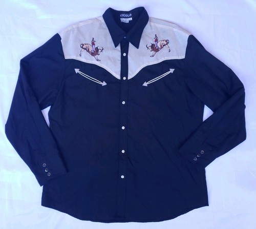 Camicia Gigolo Vintage Western Racing Ricamata Toro Perla Snap Nero Tan Large - Foto 1 di 12