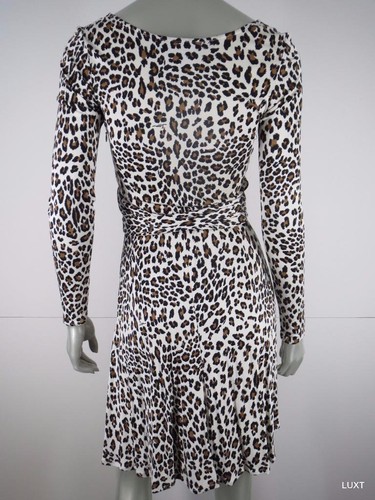 Issa London Wrap Dress Sz 2 XS Silk Knit Tan Leopard Tie Long Slv Cocktail Party - Picture 8 of 12